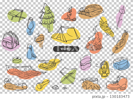 露營設備的素描風格粗略彩色插圖 130183473