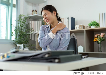 Office Syndrome Woman in Pain at Her Desk 130183617