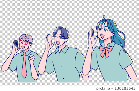 Smiling anime-style male and female students cheering 130183643