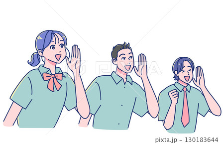 笑顔で声援を送るアニメ調の男女生徒 130183644