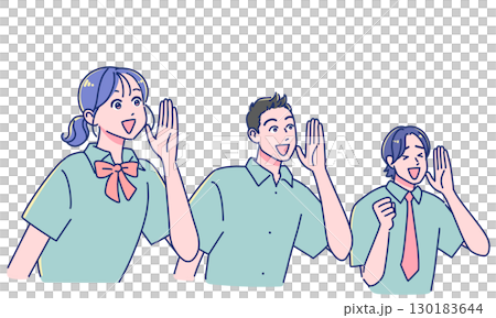 Smiling anime-style male and female students cheering 130183644