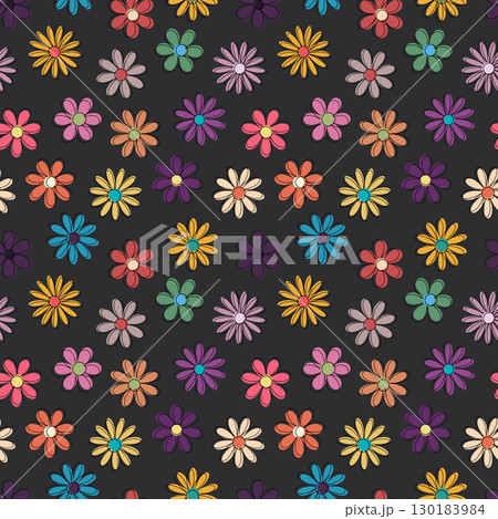 Seamless Pattern with Colorful Hand Drawn Flowers on Dark Background 130183984