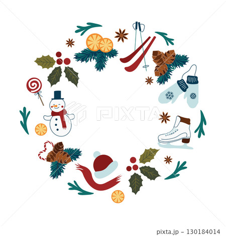 Round frame, wreath, garland with winter holidays design elements: fir branches, snowman, star anise, skis, mittens, skates, oranges, winter clothes, Christmas candy canes. Vector template of New Year Round frame, wreath, garland with winter holidays design elements: fir branches, snowman, star anise, skis, mittens, skates, oranges, winter clothes, Christmas candy canes. Vector template of New Year 130184014