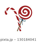 Red and white spiral lollipop and Christmas candy with red and white stripes. Vector flat illustration of candy. New Year bright striped lollipop. Santa's candy cane with striped pattern. 130184041