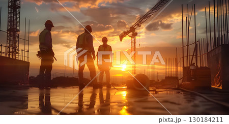 Construction workers at sunset background, Happy Labor Day - Ai Generated 130184211