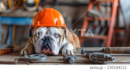 Cute bulldog in orange helmet with hand tools background, Happy Labor Day - Ai Generated Cute bulldog in orange helmet with hand tools background, Happy Labor Day - Ai Generated 130184212