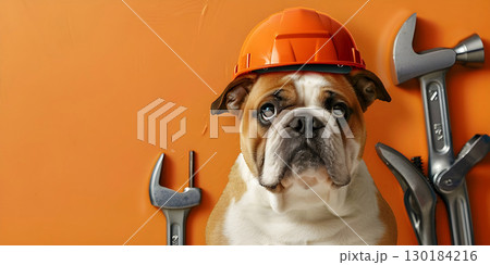 Cute bulldog in orange helmet with hand tools background, Happy Labor Day - Ai Generated Cute bulldog in orange helmet with hand tools background, Happy Labor Day - Ai Generated 130184216