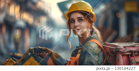 Female builder with heavy tool case background, Happy Labor Day - Ai Generated 130184227