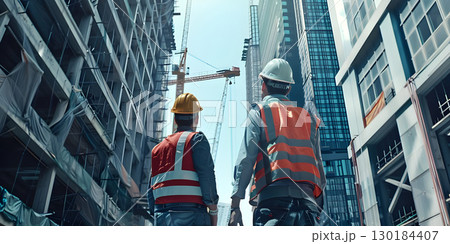 Two colleagues at a construction site background, Happy Labor Day - Ai Generated 130184407
