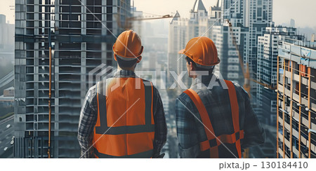 Two colleagues at a construction site background, Happy Labor Day - Ai Generated 130184410