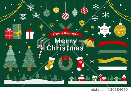 クリスマスのイラスト素材とフレームのセット　飾り　装飾　あしらい　クリスマスツリー　プレゼント　結晶 130184430