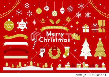 クリスマスのイラスト素材とフレームのセット　飾り　装飾　あしらい　クリスマスツリー　プレゼント　結晶 130184431