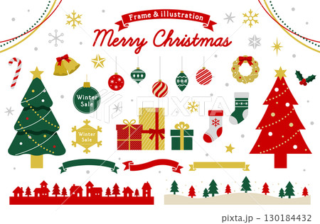 クリスマスのイラスト素材とフレームのセット　飾り　装飾　あしらい　クリスマスツリー　プレゼント　結晶 130184432