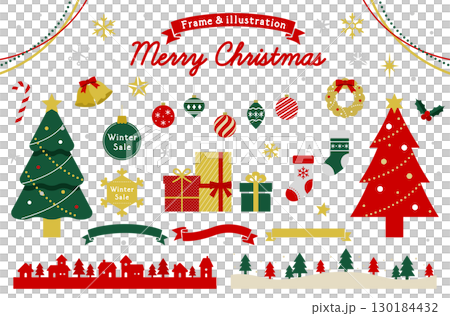 クリスマスのイラスト素材とフレームのセット　飾り　装飾　あしらい　クリスマスツリー　プレゼント　結晶 130184432