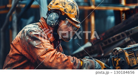 Workman with chainsaw background, Happy Labor Day - Ai Generated 130184656