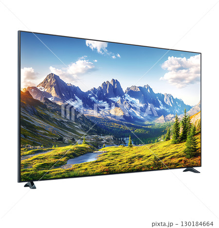 Stunning Mountain Landscape Displayed on a Modern Television Screen On Transparent Background 130184664