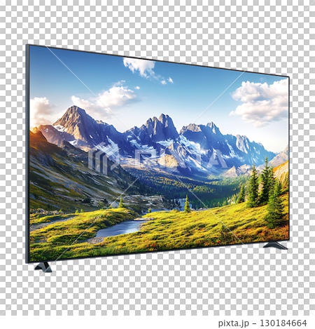 Stunning Mountain Landscape Displayed on a Modern Television Screen On Transparent Background 130184664