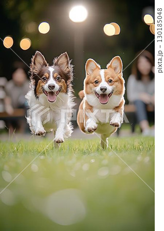 笑顔で並んで走る2匹の犬とナイトランイベント 笑顔で並んで走る2匹の犬とナイトランイベント 130185048