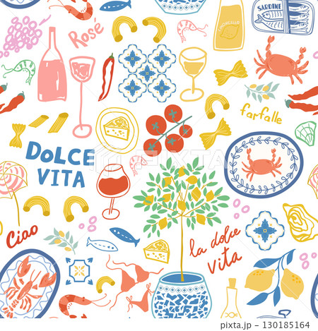 La Dolce Vita seamless pattern. Vector Mediterranean summer food, sardines, picnic, lobster. Italian vacation print La Dolce Vita seamless pattern. Vector Mediterranean summer food, sardines, picnic, lobster. Italian vacation print 130185164