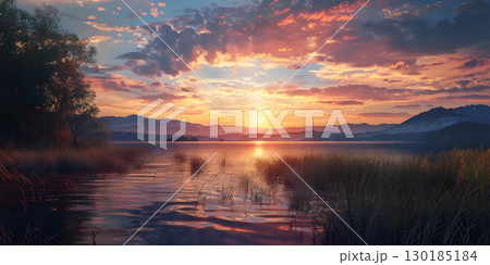 Beautiful sunset on the lake, Sunset Background, Sunset Over Ocean - Ai Generated 130185184
