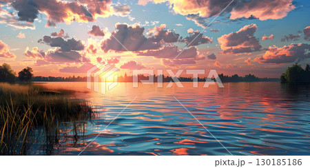 Beautiful sunset on the lake, Sunset Background, Sunset Over Ocean - Ai Generated Beautiful sunset on the lake, Sunset Background, Sunset Over Ocean - Ai Generated 130185186