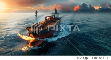 Cargo ship sailing in the sea at sunset. Large cargo ship sailing in the sea - Ai Generated Cargo ship sailing in the sea at sunset. Large cargo ship sailing in the sea - Ai Generated 130185194
