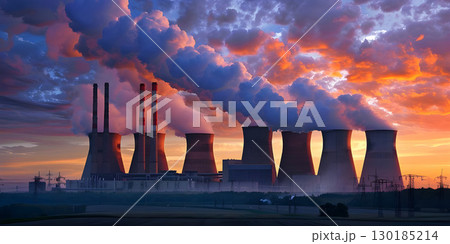Cooling towers of nuclear power plant at sunset. Energy industry, smoking chimneys - Ai Generated 130185214