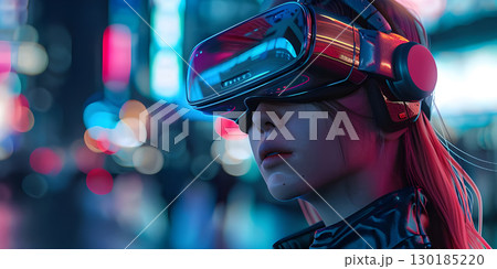 3D rendering of a female robot wearing virtual reality glasses in a futuristic city - Ai Generated 3D rendering of a female robot wearing virtual reality glasses in a futuristic city - Ai Generated 130185220