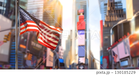 USA Flag Fluttering in Urban Landscape with Blurred Background, American Flag Waving Amidst Cityscape with Blurred Backdrop, Stars and Stripes Flying in the City with Blur Effect Background 130185229