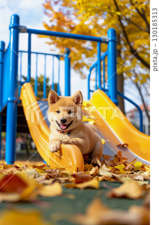 すべり台の上でポーズをとる柴犬の笑顔 130185313