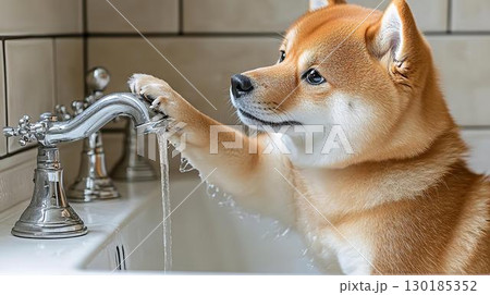 蛇口に手を伸ばす柴犬のユニークな仕草 130185352