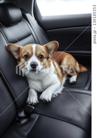 車の後部座席でくつろぐコーギーの表情 130185353