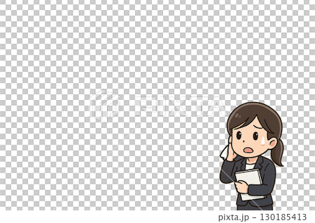 Illustration of a female business person wiping away sweat in a panic just before a presentation 130185413