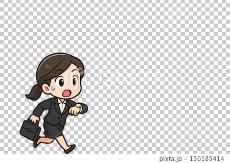 Illustration of a female business person who panics after realizing she is late 130185414