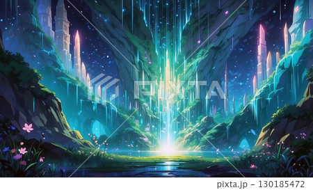 ゲーム背景　水晶が美しい鍾乳洞の洞窟ダンジョン 130185472