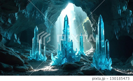ゲーム背景　水晶が美しい鍾乳洞の洞窟ダンジョン 130185473