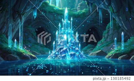 ゲーム背景　美しい光があふれる透明感のある水晶柱の洞窟ダンジョン 130185492