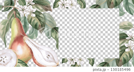 Rectangular frame on the theme of pear harvest. Isolated watercolor illustration of fruits for product line design, kitchenware design, seasonal menu, postcards, textiles, clothing printing. Rectangular frame on the theme of pear harvest. Isolated watercolor illustration of fruits for product line design, kitchenware design, seasonal menu, postcards, textiles, clothing printing. 130185496