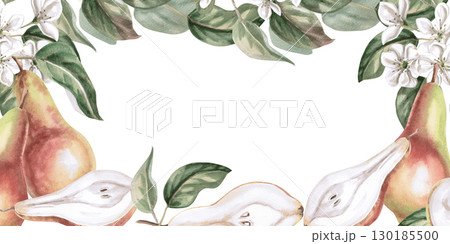 Rectangular frame with ripe pears on flowering branches. Isolated watercolor illustration of fruits for product line design, kitchenware design, seasonal menu, postcards, textiles, clothing printing. Rectangular frame with ripe pears on flowering branches. Isolated watercolor illustration of fruits for product line design, kitchenware design, seasonal menu, postcards, textiles, clothing printing. 130185500