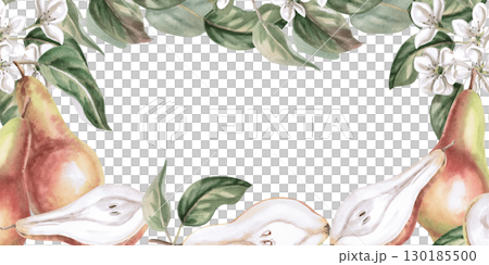 Rectangular frame with ripe pears on flowering branches. Isolated watercolor illustration of fruits for product line design, kitchenware design, seasonal menu, postcards, textiles, clothing printing. Rectangular frame with ripe pears on flowering branches. Isolated watercolor illustration of fruits for product line design, kitchenware design, seasonal menu, postcards, textiles, clothing printing. 130185500