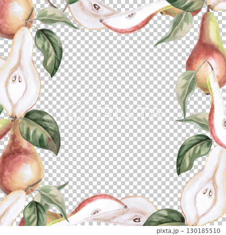 Square frame with pear slices. Isolated watercolor fruit illustration for product line design, kitchenware design, seasonal menu, cards, textiles, clothing printing. 130185510