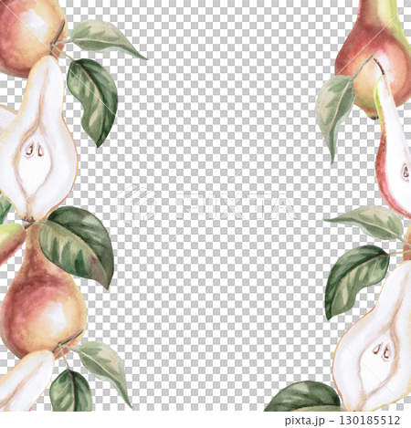 Square frame with different parts of pear. Isolated watercolor fruit illustration for product line design, kitchenware design, seasonal menu, cards, textiles, clothing printing. 130185512