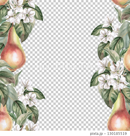 Square frame with flowering branches and pear fruits. Isolated watercolor illustration of fruits for product line design, kitchenware design, seasonal menu, postcards, textiles, clothing printing. Square frame with flowering branches and pear fruits. Isolated watercolor illustration of fruits for product line design, kitchenware design, seasonal menu, postcards, textiles, clothing printing. 130185519