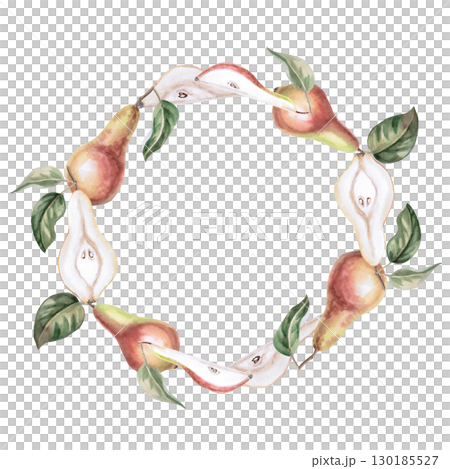 Round frame with whole fruits and parts of pear. Isolated watercolor illustration of fruits for product line design, kitchenware design, seasonal menu, cards, textiles, clothing printing. 130185527