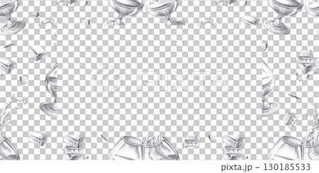 Rectangular frame with glasses of cognac and pieces of chocolate. Isolated pencil illustration is hand drawn for design of bar and restaurant menus, interior design, postcards. 130185533