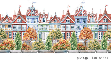 Seamless border with city houses and autumn trees. Watercolor illustration on the theme of the city for interior design of children's rooms, printing on stationery, packaging, fabric, posters. 130185534