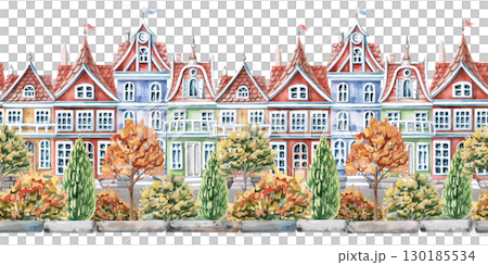 Seamless border with city houses and autumn trees. Watercolor illustration on the theme of the city for interior design of children's rooms, printing on stationery, packaging, fabric, posters. 130185534