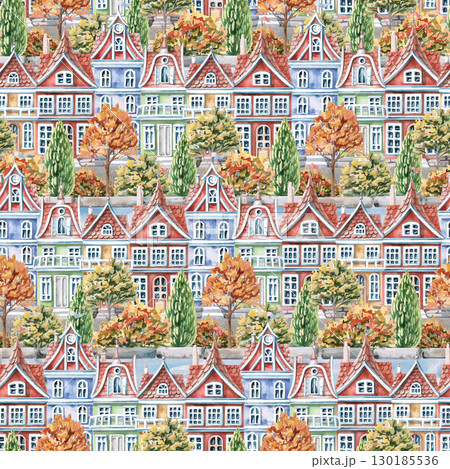 Seamless pattern with city streets and autumn trees. Watercolor illustration on the theme of the city for interior design of children's rooms, printing on stationery, packaging, fabric, posters. Seamless pattern with city streets and autumn trees. Watercolor illustration on the theme of the city for interior design of children's rooms, printing on stationery, packaging, fabric, posters. 130185536