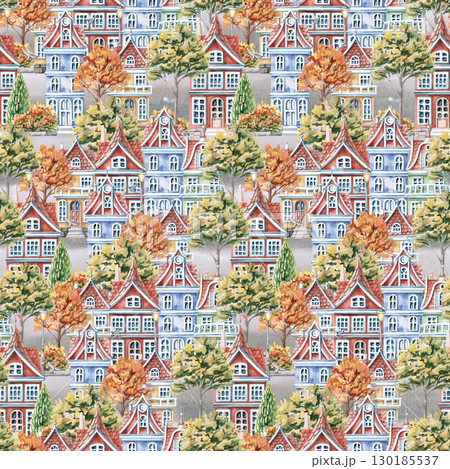 Seamless pattern with city houses and autumn trees. Watercolor illustration on the theme of the city for interior design of children's rooms, printing on stationery, packaging, fabric, posters. Seamless pattern with city houses and autumn trees. Watercolor illustration on the theme of the city for interior design of children's rooms, printing on stationery, packaging, fabric, posters. 130185537