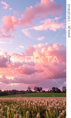 夕日に染まる空と広がる花畑の風景 130185610